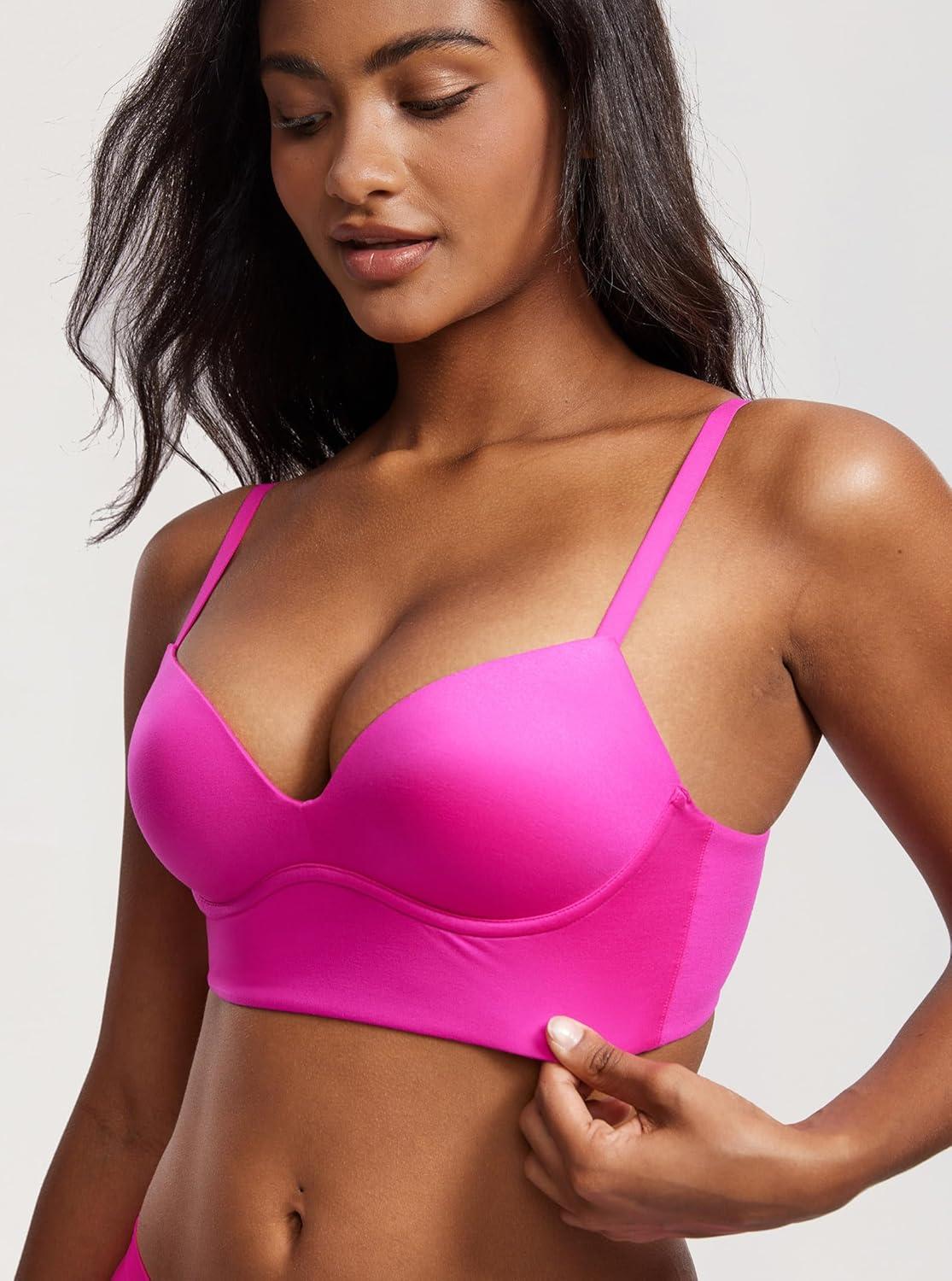 imageDOBREVA Womens Push Up Wireless Bra Padded T Shirt Bras No Underwire Plunge BraletteGlitter Pink