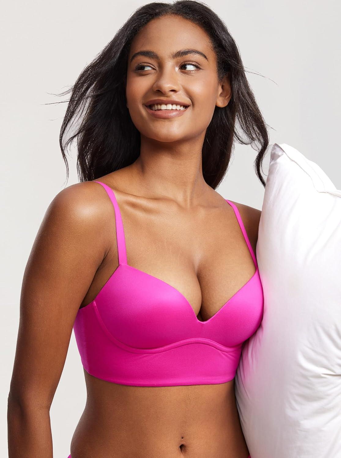 imageDOBREVA Womens Push Up Wireless Bra Padded T Shirt Bras No Underwire Plunge BraletteGlitter Pink