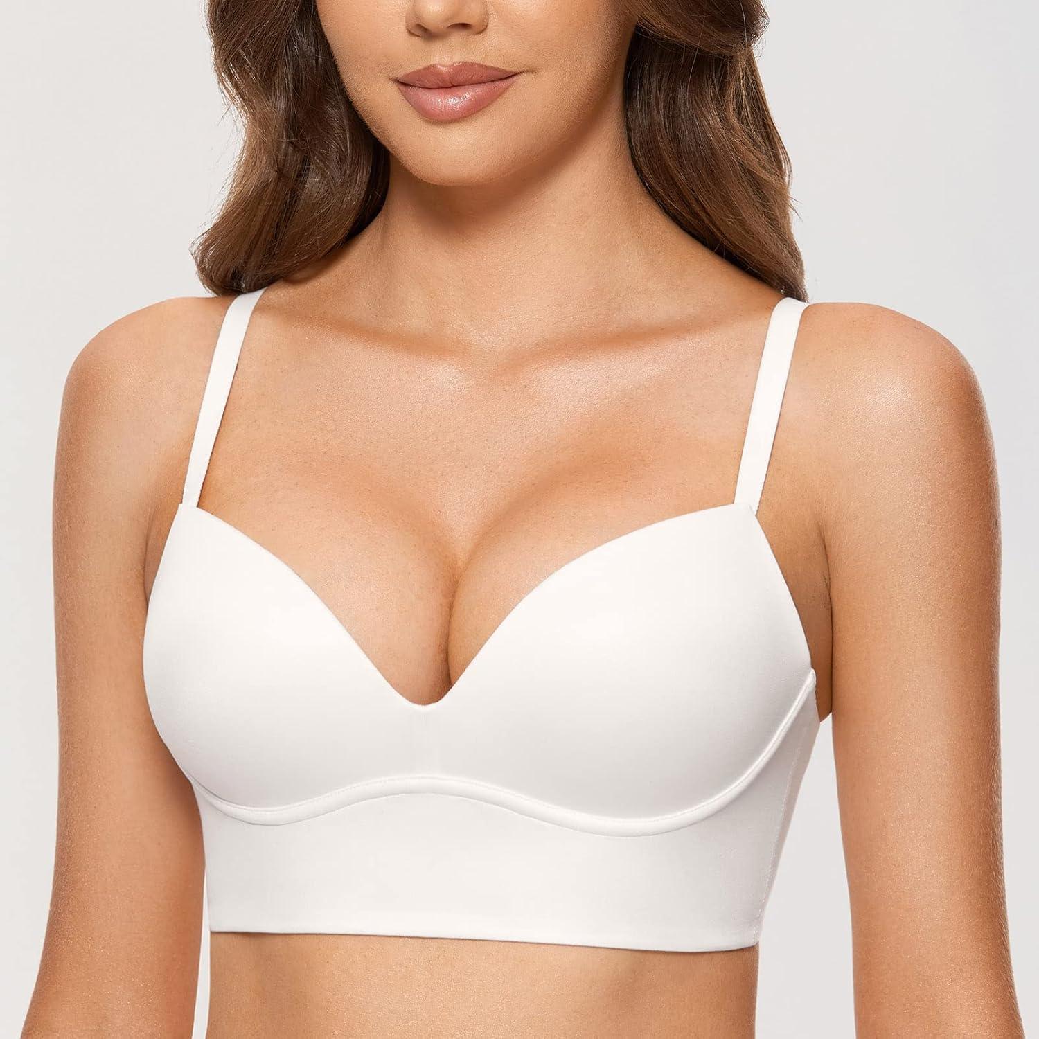 imageDOBREVA Womens Push Up Wireless Bra Padded T Shirt Bras No Underwire Plunge BraletteWhite
