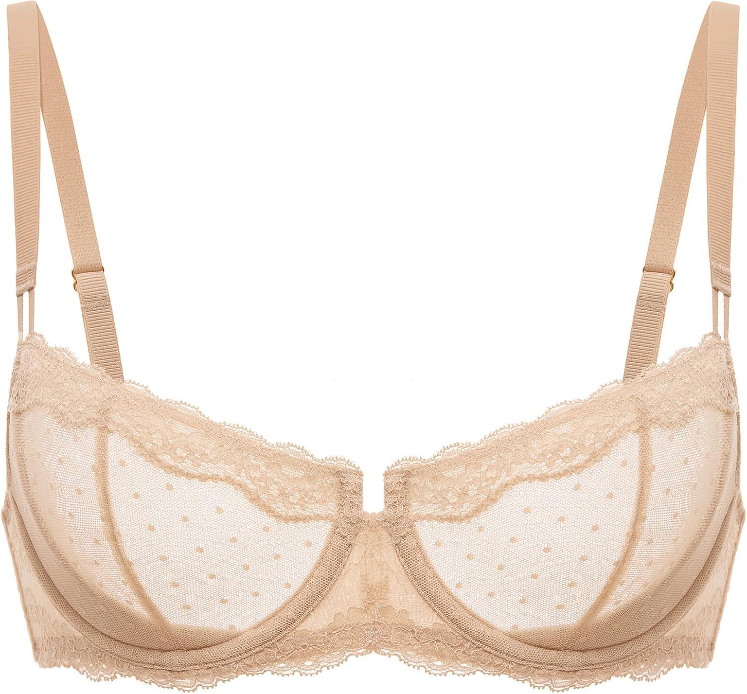 imageDOBREVA Womens Sexy Lace Bra Underwire Balconette Unlined Demi Sheer Plus SizeBeige