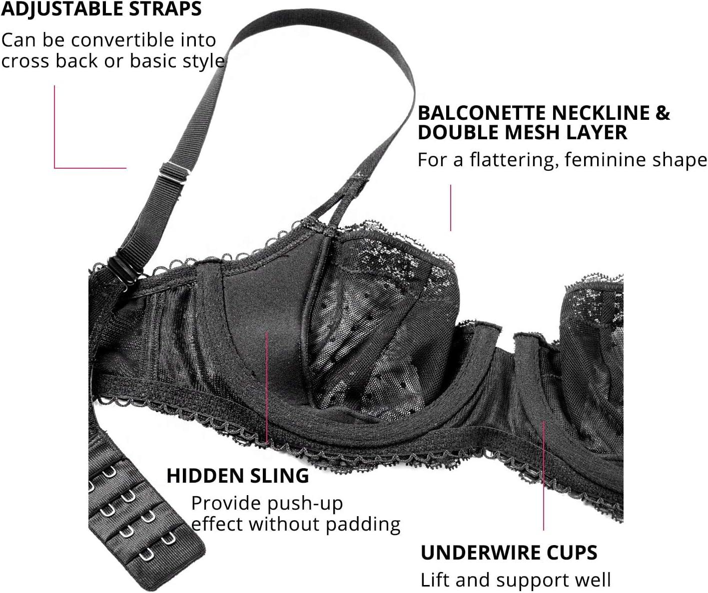imageDOBREVA Womens Sexy Lace Bra Underwire Balconette Unlined Demi Sheer Plus SizeBlack
