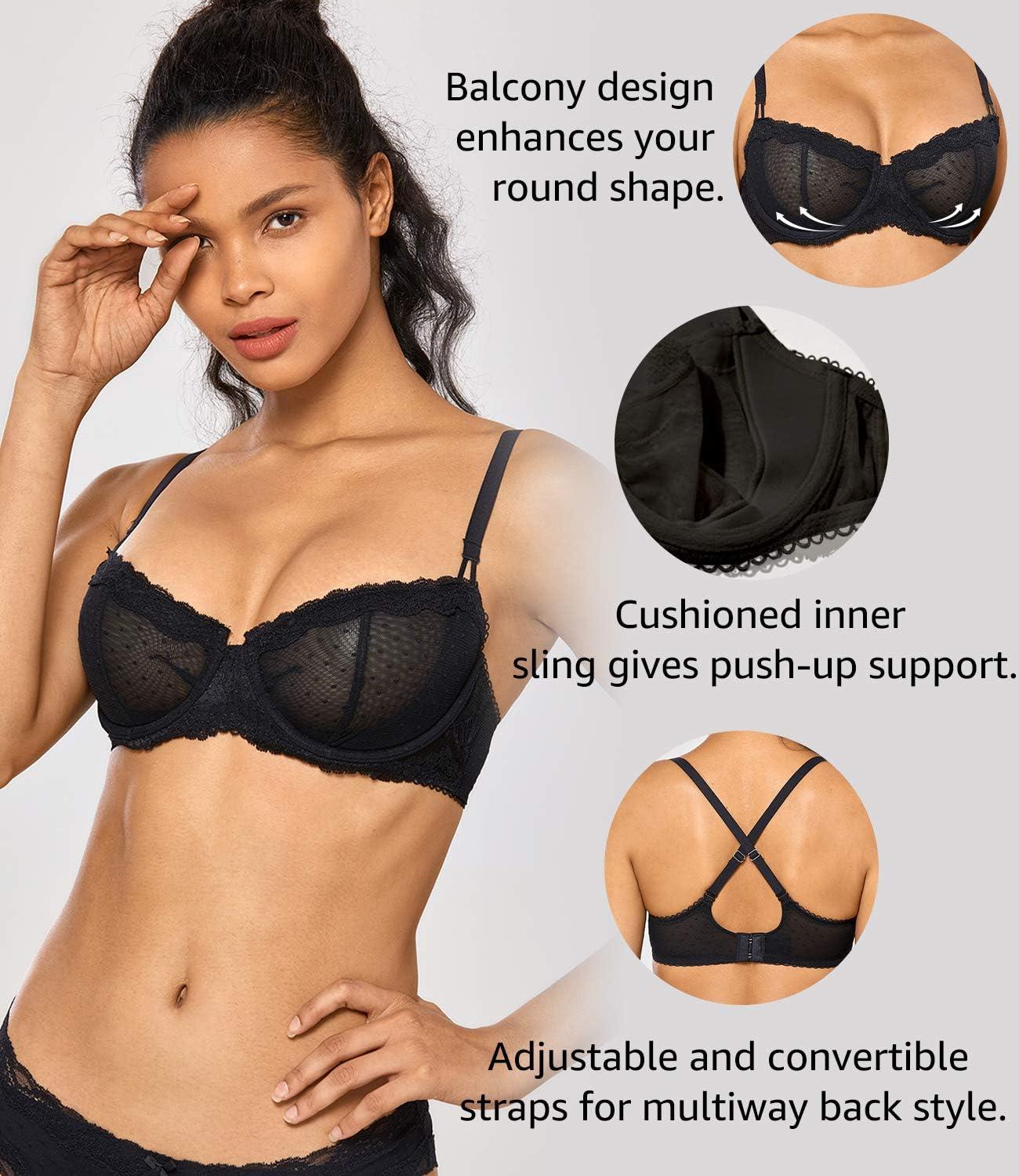 imageDOBREVA Womens Sexy Lace Bra Underwire Balconette Unlined Demi Sheer Plus SizeBlack