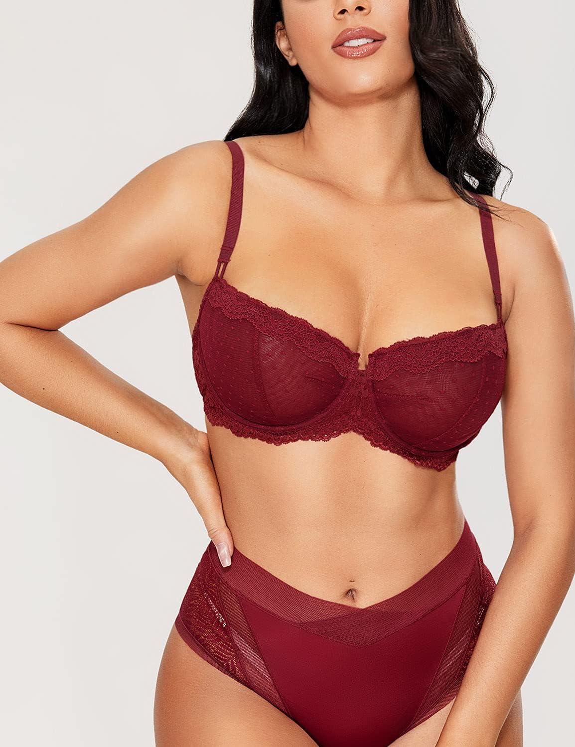 imageDOBREVA Womens Sexy Lace Bra Underwire Balconette Unlined Demi Sheer Plus SizeDark Red