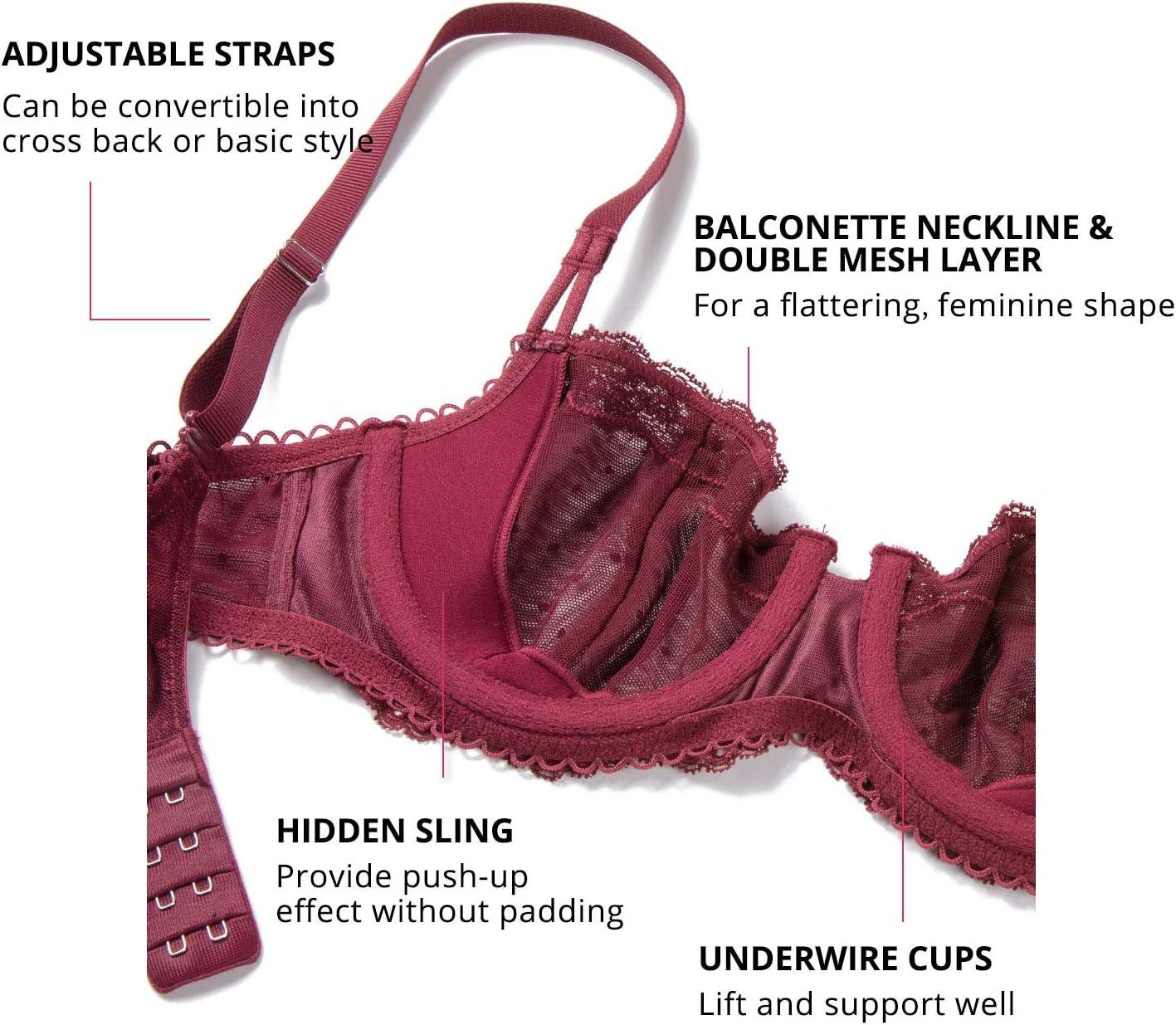 imageDOBREVA Womens Sexy Lace Bra Underwire Balconette Unlined Demi Sheer Plus SizeDark Red