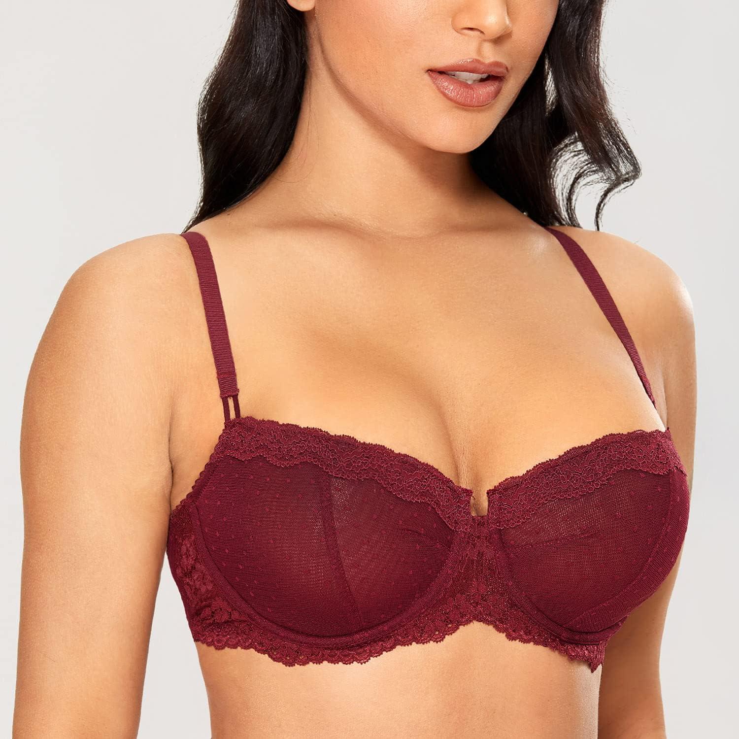 imageDOBREVA Womens Sexy Lace Bra Underwire Balconette Unlined Demi Sheer Plus SizeDark Red
