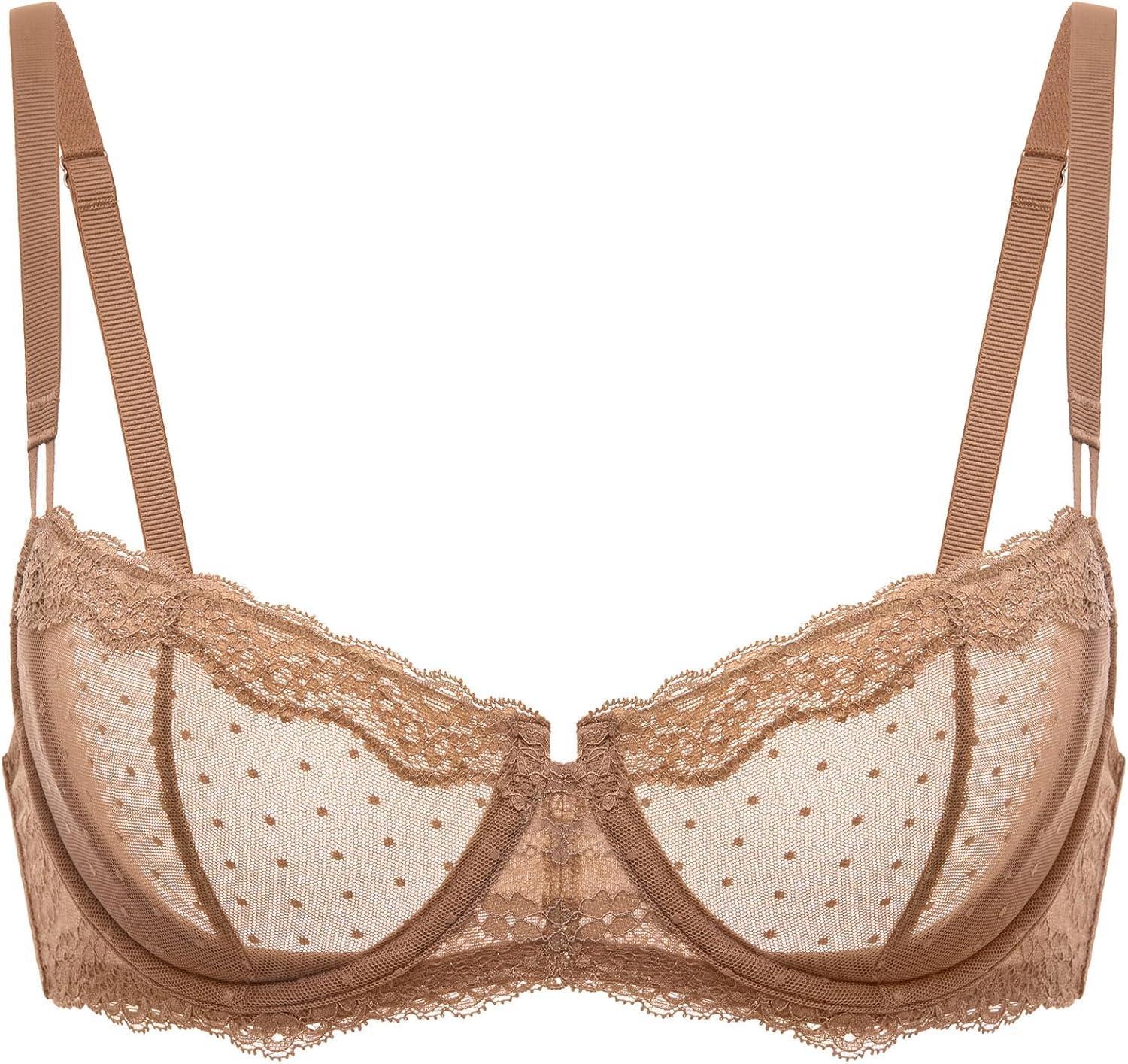 imageDOBREVA Womens Sexy Lace Bra Underwire Balconette Unlined Demi Sheer Plus SizeGravel Beige