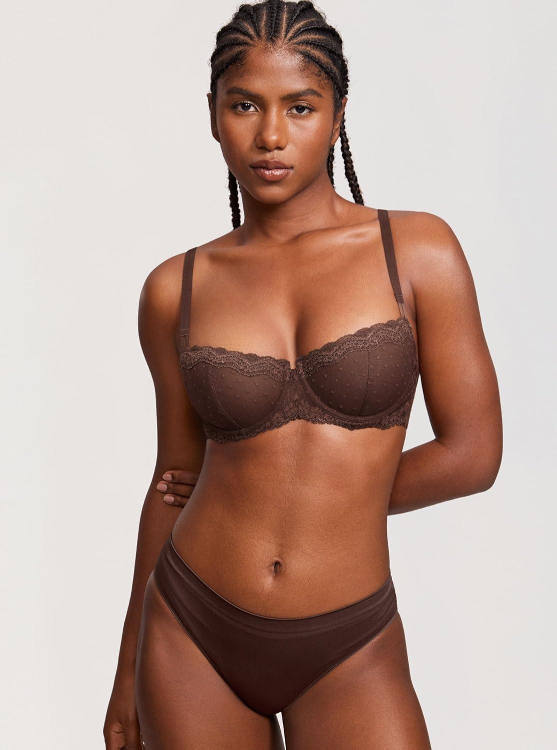imageDOBREVA Womens Sexy Lace Bra Underwire Balconette Unlined Demi Sheer Plus SizeHazelnut