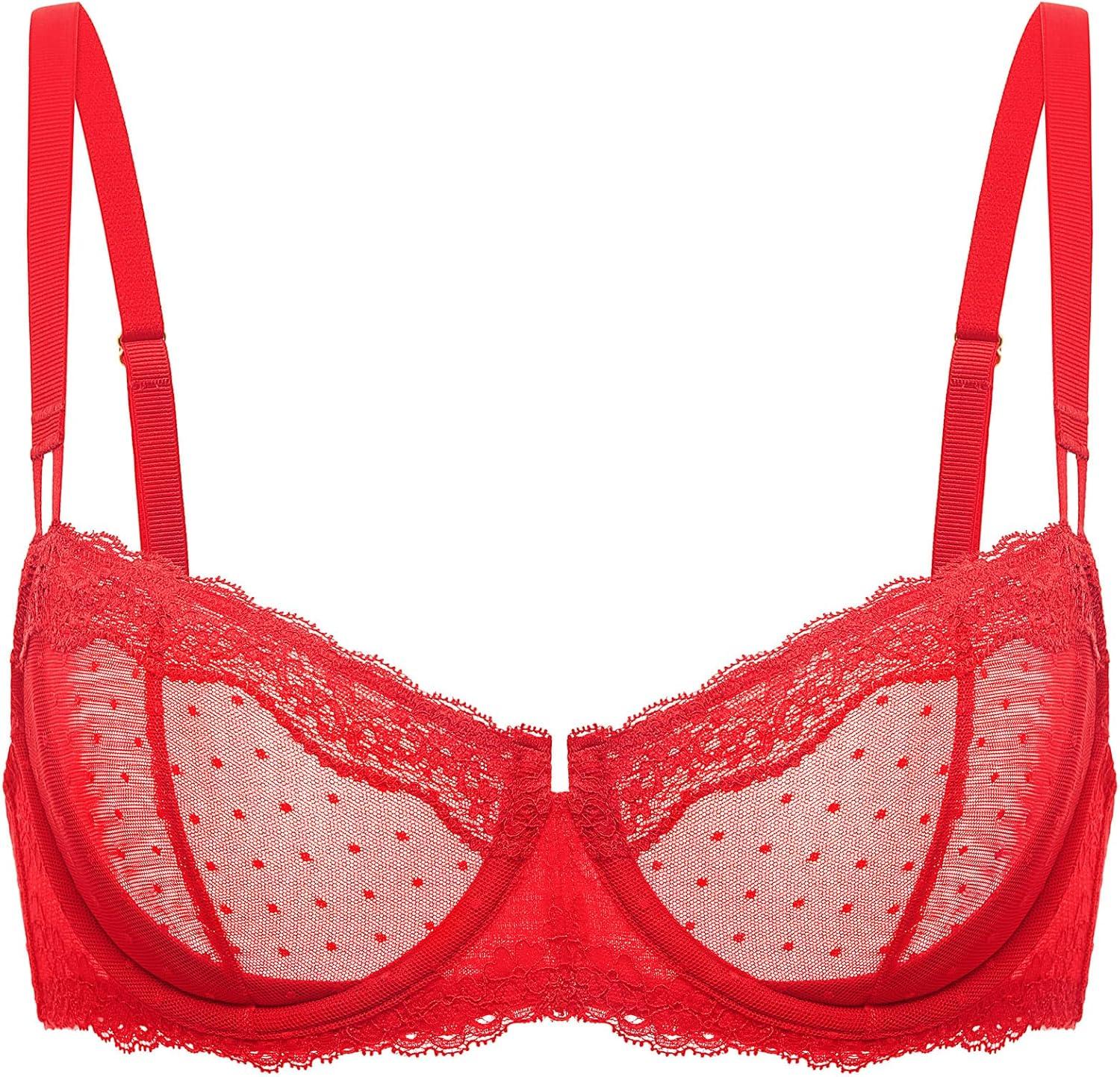 imageDOBREVA Womens Sexy Lace Bra Underwire Balconette Unlined Demi Sheer Plus SizeLipstick Red