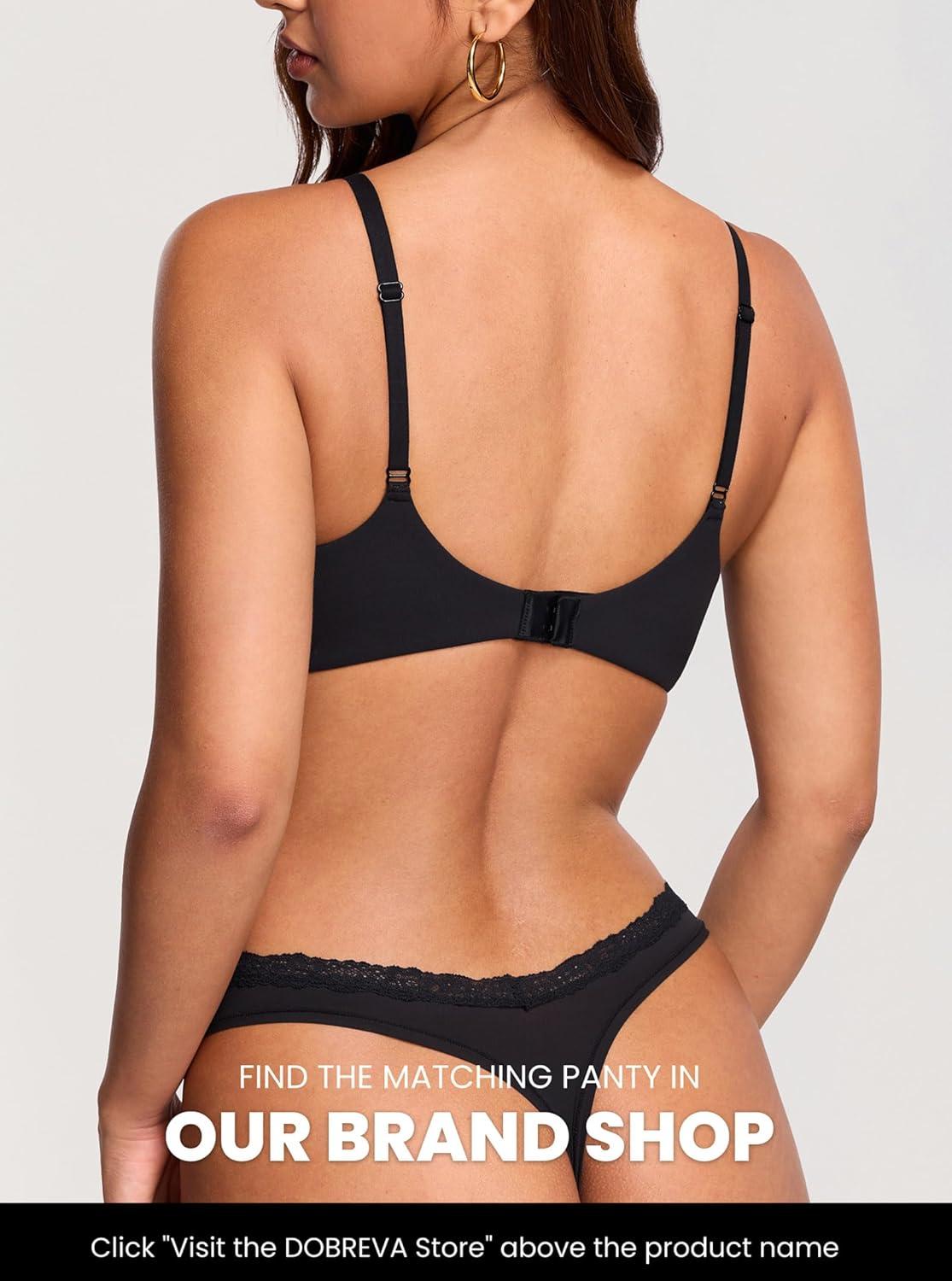 imageDOBREVA Womens Unlined Plunge Scoop Bra Lace Trim Balconette Sexy Underwire Demi Bras Deep VBlack