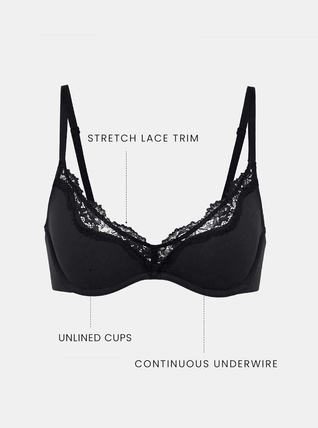imageDOBREVA Womens Unlined Plunge Scoop Bra Lace Trim Balconette Sexy Underwire Demi Bras Deep VBlack