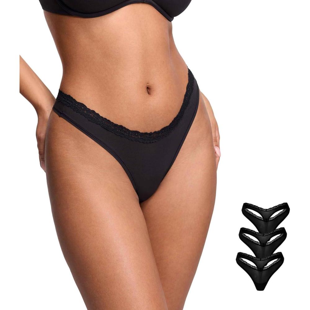 imageDOBREVA Sexy Lace Thongs Breathable Seamless Underwear for Women Comfortable Vwaisted Soft Panty 3 PackBlack 3pack