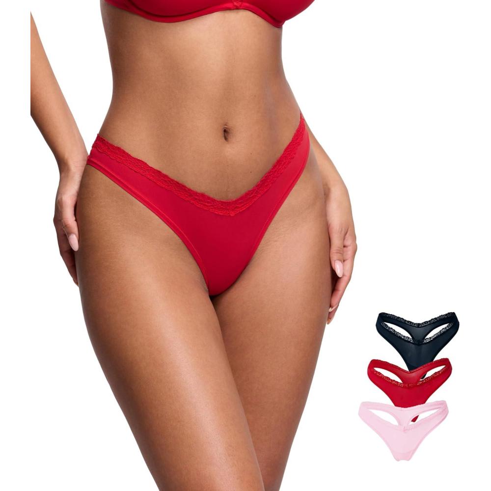 imageDOBREVA Sexy Lace Thongs Breathable Seamless Underwear for Women Comfortable Vwaisted Soft Panty 3 PackChic 07 3pack