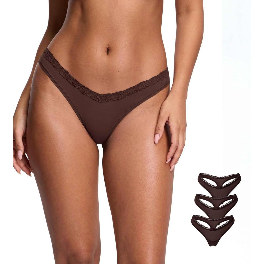 imageDOBREVA Sexy Lace Thongs Breathable Seamless Underwear for Women Comfortable Vwaisted Soft Panty 3 PackHazelnut 3pack