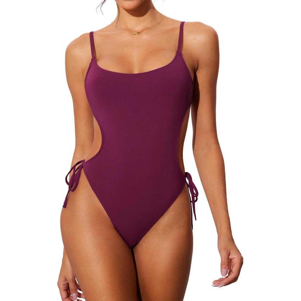 imageDOBREVA Womens One Piece Swimsuit Strappy Backless Bathing Suit Cut Out Lined Scoop Neck Adjustable Straps SwimwearFuchsia