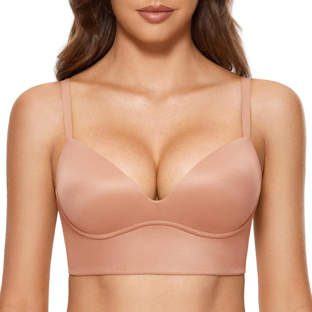 imageDOBREVA Womens Push Up Wireless Bra Padded T Shirt Bras No Underwire Plunge BraletteCream Coffee