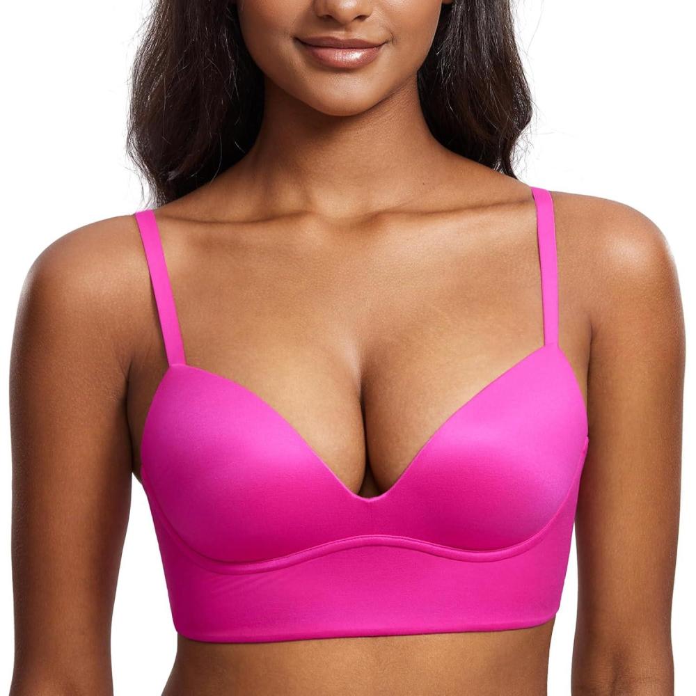 imageDOBREVA Womens Push Up Wireless Bra Padded T Shirt Bras No Underwire Plunge BraletteGlitter Pink