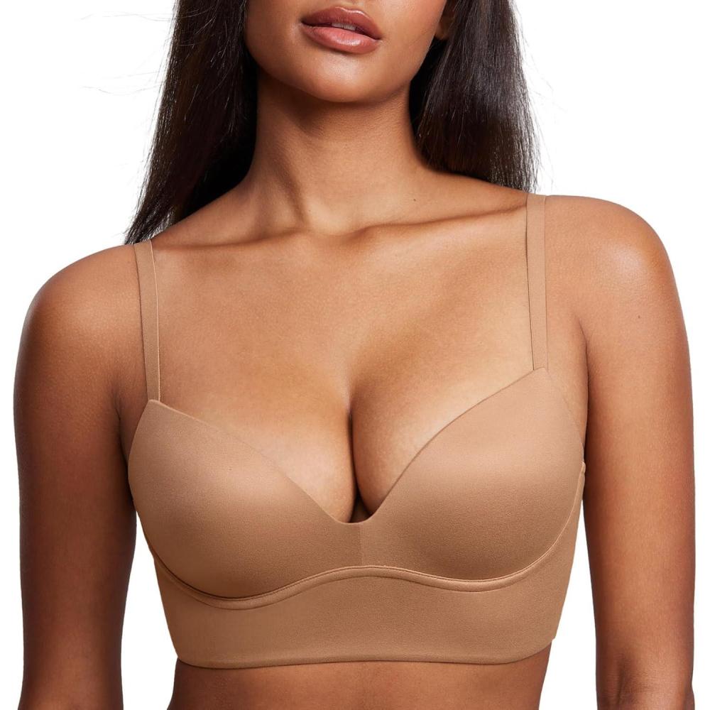 imageDOBREVA Womens Push Up Wireless Bra Padded T Shirt Bras No Underwire Plunge BraletteGravel Beige