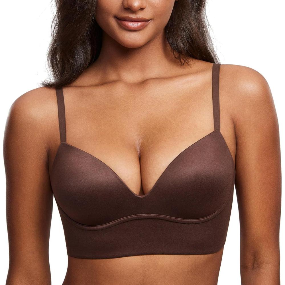 imageDOBREVA Womens Push Up Wireless Bra Padded T Shirt Bras No Underwire Plunge BraletteHazelnut