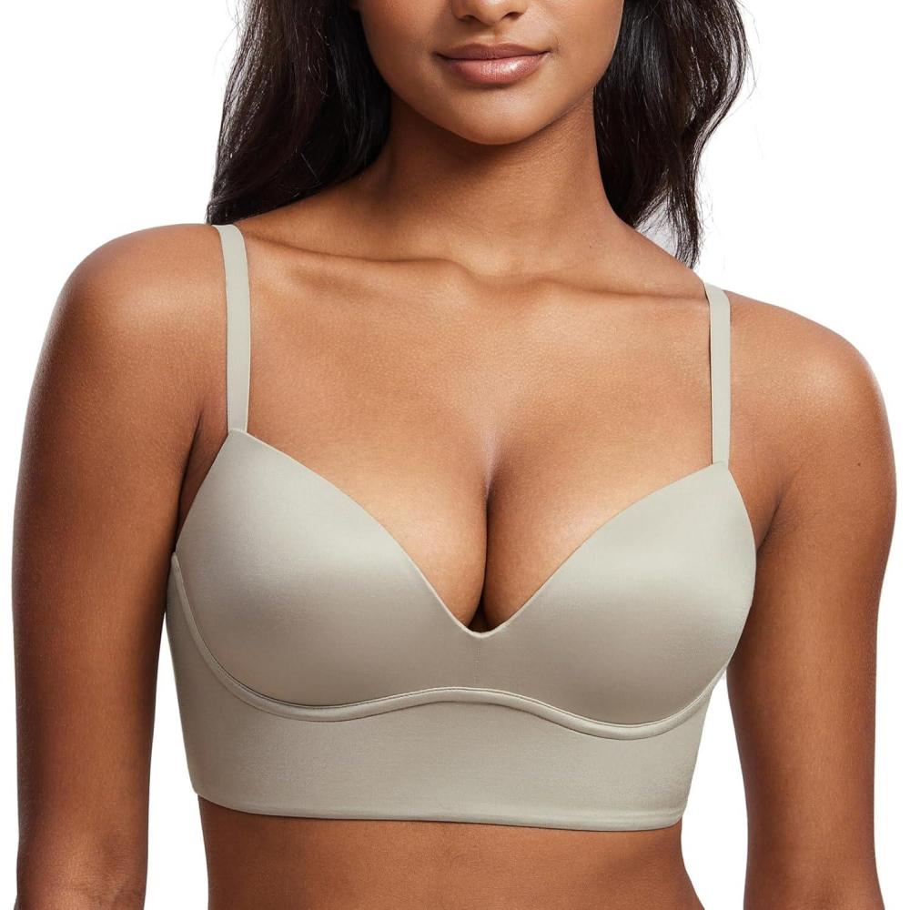 imageDOBREVA Womens Push Up Wireless Bra Padded T Shirt Bras No Underwire Plunge BraletteLight Greenish Gray