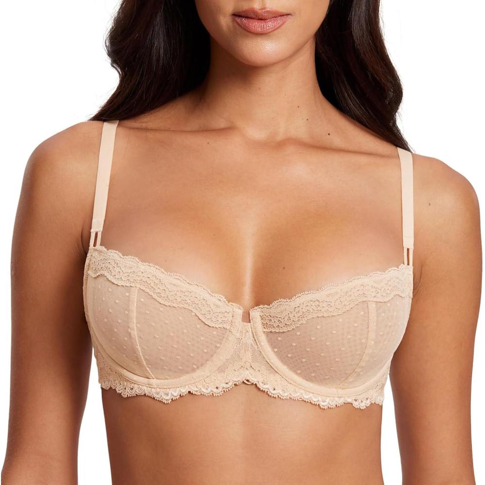 imageDOBREVA Womens Sexy Lace Bra Underwire Balconette Unlined Demi Sheer Plus SizeBeige
