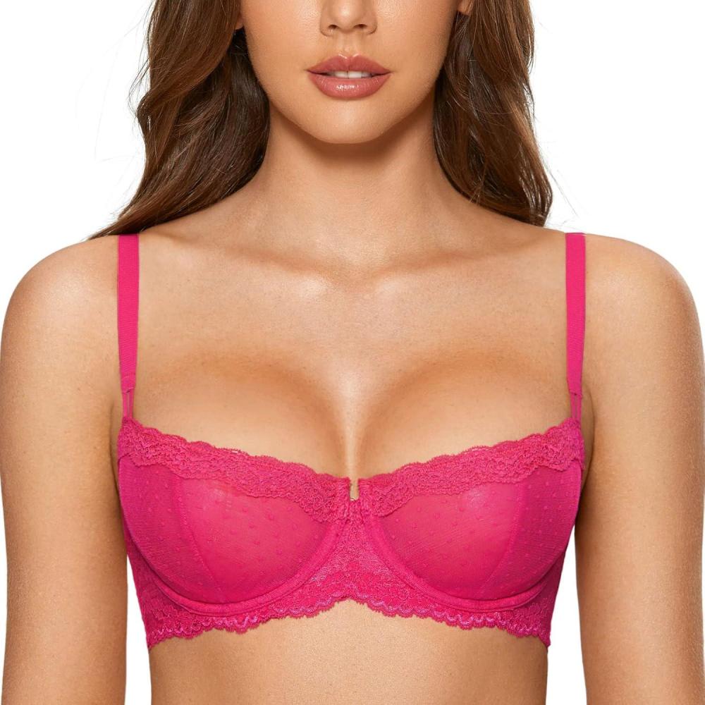 imageDOBREVA Womens Sexy Lace Bra Underwire Balconette Unlined Demi Sheer Plus SizeBright Rose