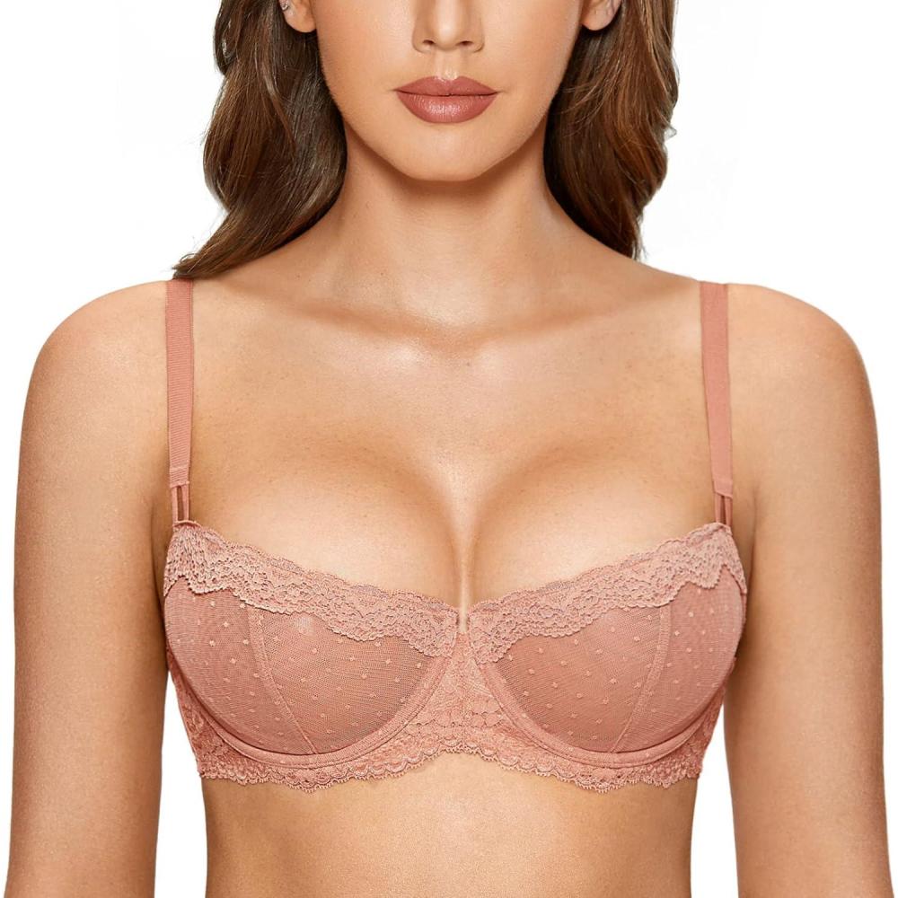 imageDOBREVA Womens Sexy Lace Bra Underwire Balconette Unlined Demi Sheer Plus SizeCream Coffee