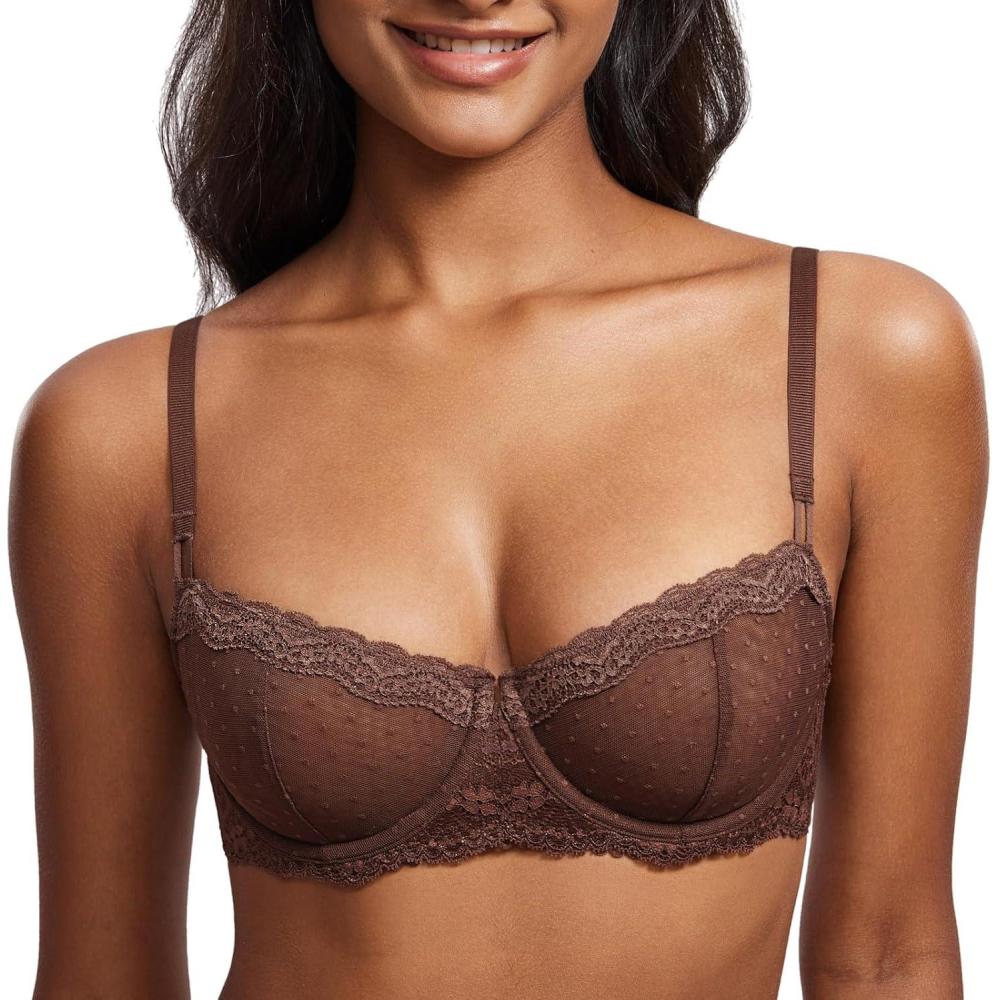 imageDOBREVA Womens Sexy Lace Bra Underwire Balconette Unlined Demi Sheer Plus SizeHazelnut
