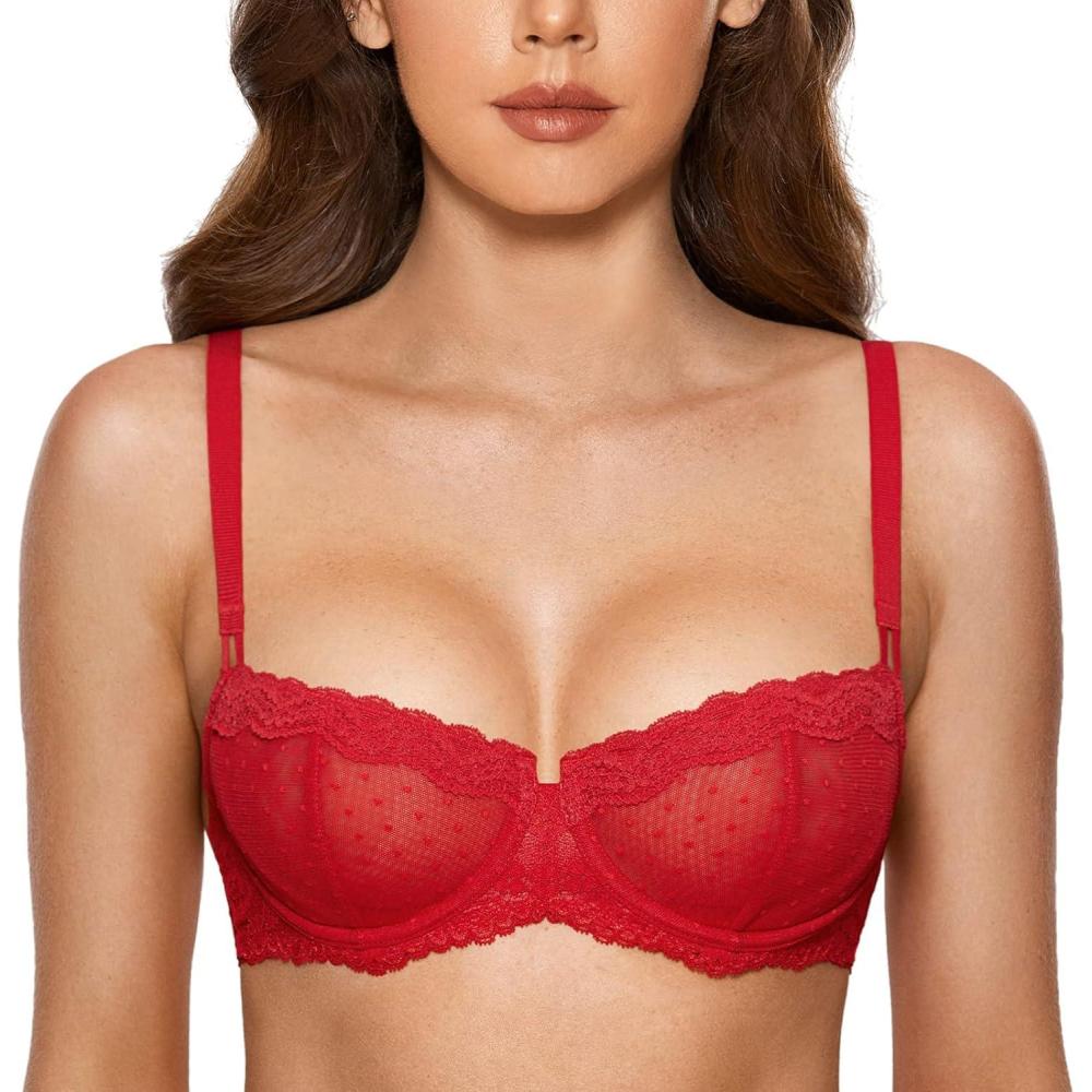 imageDOBREVA Womens Sexy Lace Bra Underwire Balconette Unlined Demi Sheer Plus SizeLipstick Red