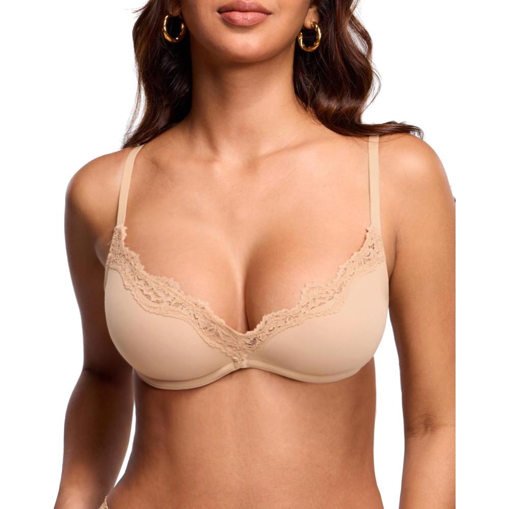imageDOBREVA Womens Unlined Plunge Scoop Bra Lace Trim Balconette Sexy Underwire Demi Bras Deep VWarm Beige