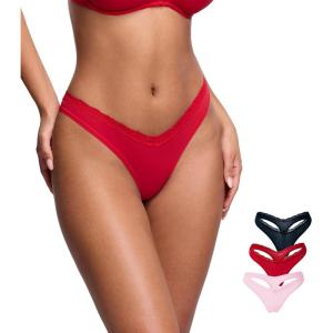 DOBREVA Sexy Lace Thongs Breathable Seamless Underwear for Women Comfortable V-waisted Soft Panty 3 Pack(Chic 07 (3pack))