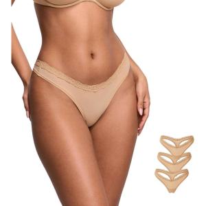 DOBREVA Sexy Lace Thongs Breathable Seamless Underwear for Women Comfortable V-waisted Soft Panty 3 Pack(Warm Beige (3pack))