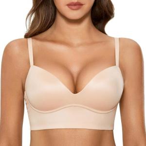DOBREVA Women’s Push Up Wireless Bra Padded T Shirt Bras No Underwire Plunge Bralette(Beige)