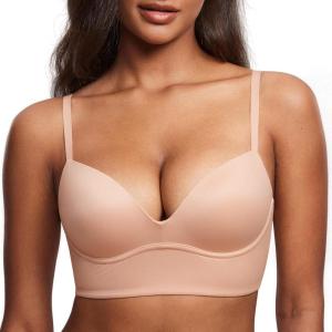 DOBREVA Women’s Push Up Wireless Bra Padded T Shirt Bras No Underwire Plunge Bralette(Blush Beige)