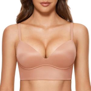 DOBREVA Women’s Push Up Wireless Bra Padded T Shirt Bras No Underwire Plunge Bralette(Cream Coffee)