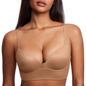 DOBREVA Women’s Push Up Wireless Bra Padded T Shirt Bras No Underwire Plunge Bralette(Gravel Beige)
