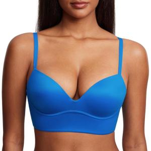 DOBREVA Women’s Push Up Wireless Bra Padded T Shirt Bras No Underwire Plunge Bralette(Island Blue)