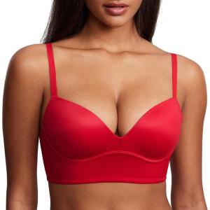 DOBREVA Women’s Push Up Wireless Bra Padded T Shirt Bras No Underwire Plunge Bralette(Lipstick Red)
