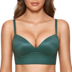 DOBREVA Women’s Push Up Wireless Bra Padded T Shirt Bras No Underwire Plunge Bralette(Midnight Emerald)