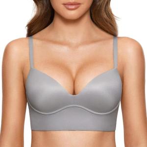 DOBREVA Women’s Push Up Wireless Bra Padded T Shirt Bras No Underwire Plunge Bralette(Quantum Grey)