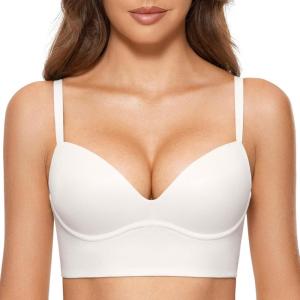 DOBREVA Women’s Push Up Wireless Bra Padded T Shirt Bras No Underwire Plunge Bralette(White)