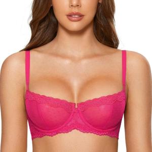 DOBREVA Women’s Sexy Lace Bra Underwire Balconette Unlined Demi Sheer Plus Size(Bright Rose)