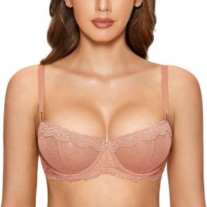 DOBREVA Women’s Sexy Lace Bra Underwire Balconette Unlined Demi Sheer Plus Size(Cream Coffee)