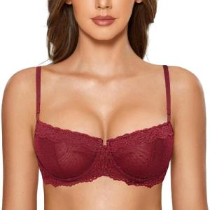DOBREVA Women’s Sexy Lace Bra Underwire Balconette Unlined Demi Sheer Plus Size(Dark Red)