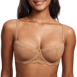 DOBREVA Women’s Sexy Lace Bra Underwire Balconette Unlined Demi Sheer Plus Size(Gravel Beige)