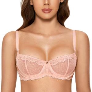 DOBREVA Women’s Sexy Lace Bra Underwire Balconette Unlined Demi Sheer Plus Size(Peachy Keen)
