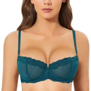 DOBREVA Women’s Sexy Lace Bra Underwire Balconette Unlined Demi Sheer Plus Size(Spruce Green)