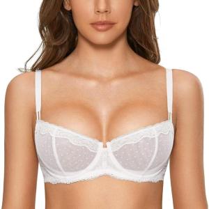 DOBREVA Women’s Sexy Lace Bra Underwire Balconette Unlined Demi Sheer Plus Size(White)