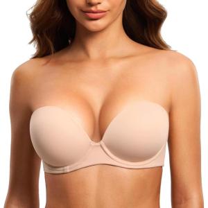 DOBREVA Women’s Strapless Push Up Bra Padded Plunge Underwire Plus Size Bras Add 1 Cup(Beige)