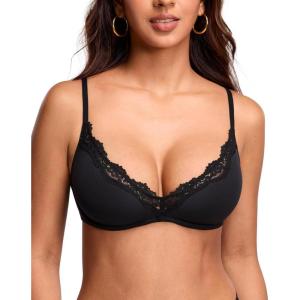 DOBREVA Women’s Unlined Plunge Scoop Bra Lace Trim Balconette Sexy Underwire Demi Bras Deep V(Black)