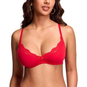 DOBREVA Women’s Unlined Plunge Scoop Bra Lace Trim Balconette Sexy Underwire Demi Bras Deep V(Lipstick Red)